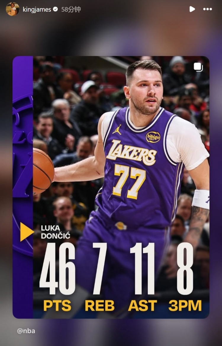 kaiyun.com-46分7板11助8三分！詹姆斯转发东契奇的数据海报